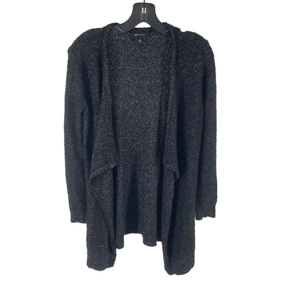 AB Studio Women's Cardigan Sweater Open Front Acrylic Metallic Knit Black Small